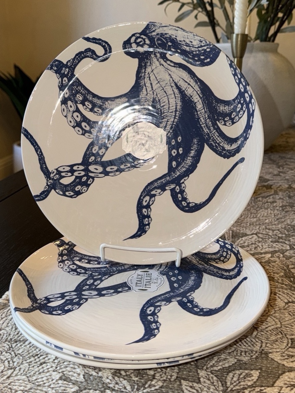 Ceramiche Italia Blue Octopus Dinner Plates 10.75” Set of 4 Made in Italy
